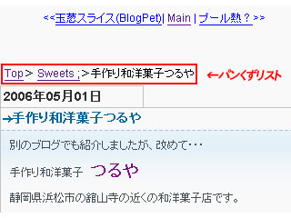 「手作り和洋菓子つるや」記事のパンくずリスト表示イメージ